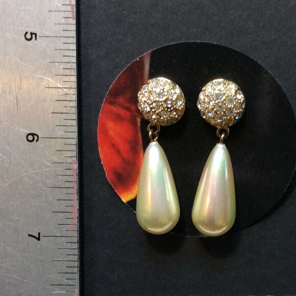 80s Earring Gold Rhinestone Lg Pearl Teardrop Glam Elegance #VintageLux #80sGlam - Picture 2 of 2
